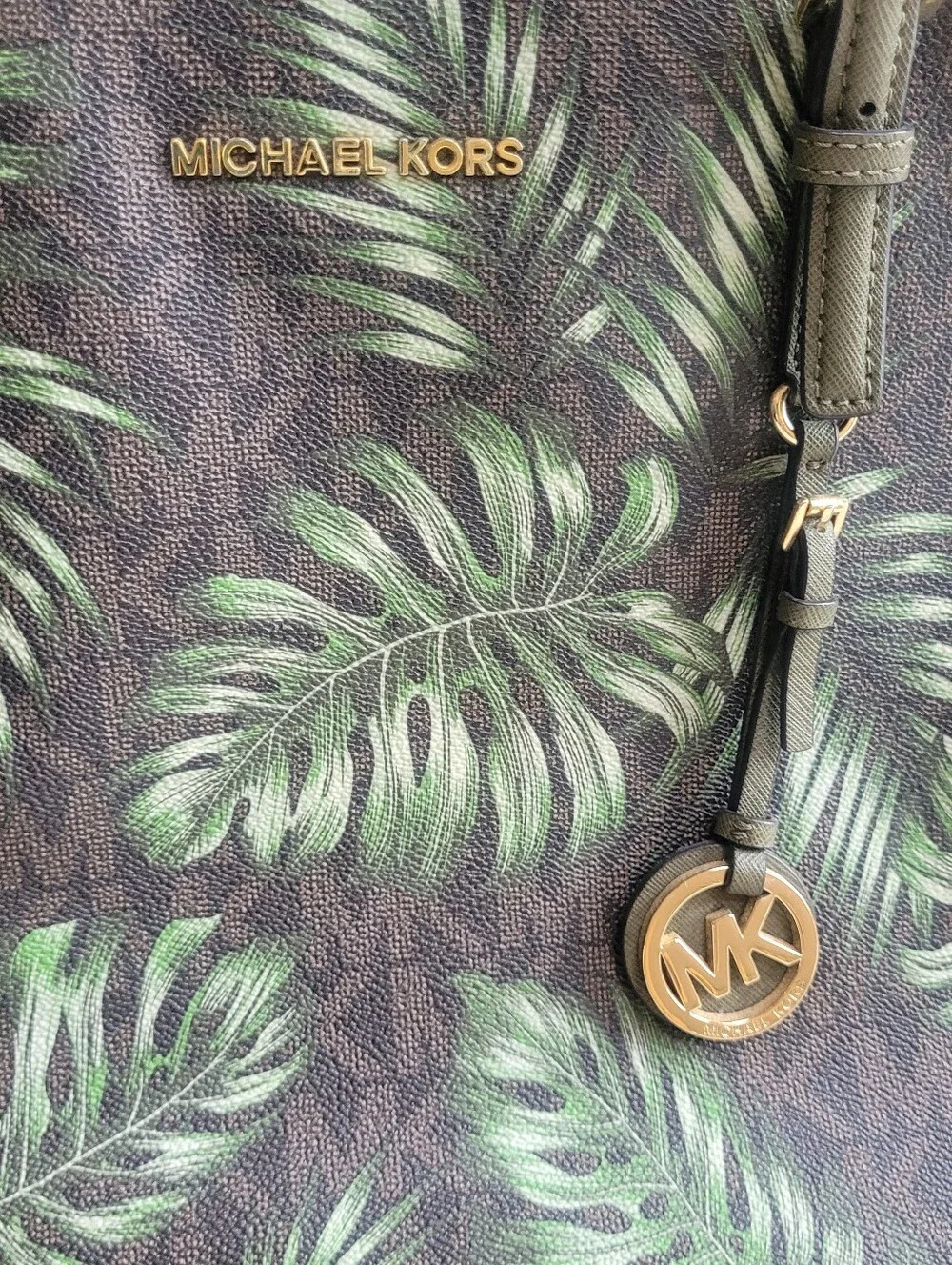 Michael Kors Jet Set Travel Large Carryall Tote Brown MK Signature Olive Palm
